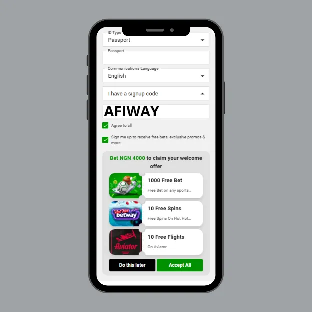 Betway sign up code AFIWAY entered in registration form.