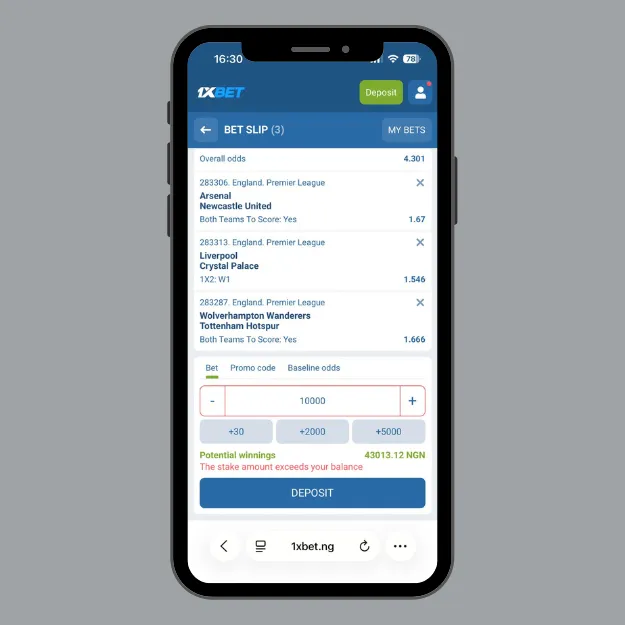 1xBet accumulator bet slip with Arsenal, Liverpool and Tottenham matches 