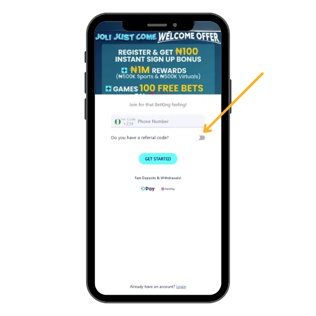 Screenshot of Betking registration form with yellow arrow pointing to referral code button.
