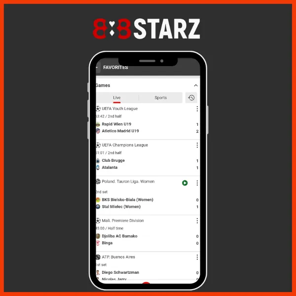 Best betting apps 888Starz screen displaying live football fixtures.