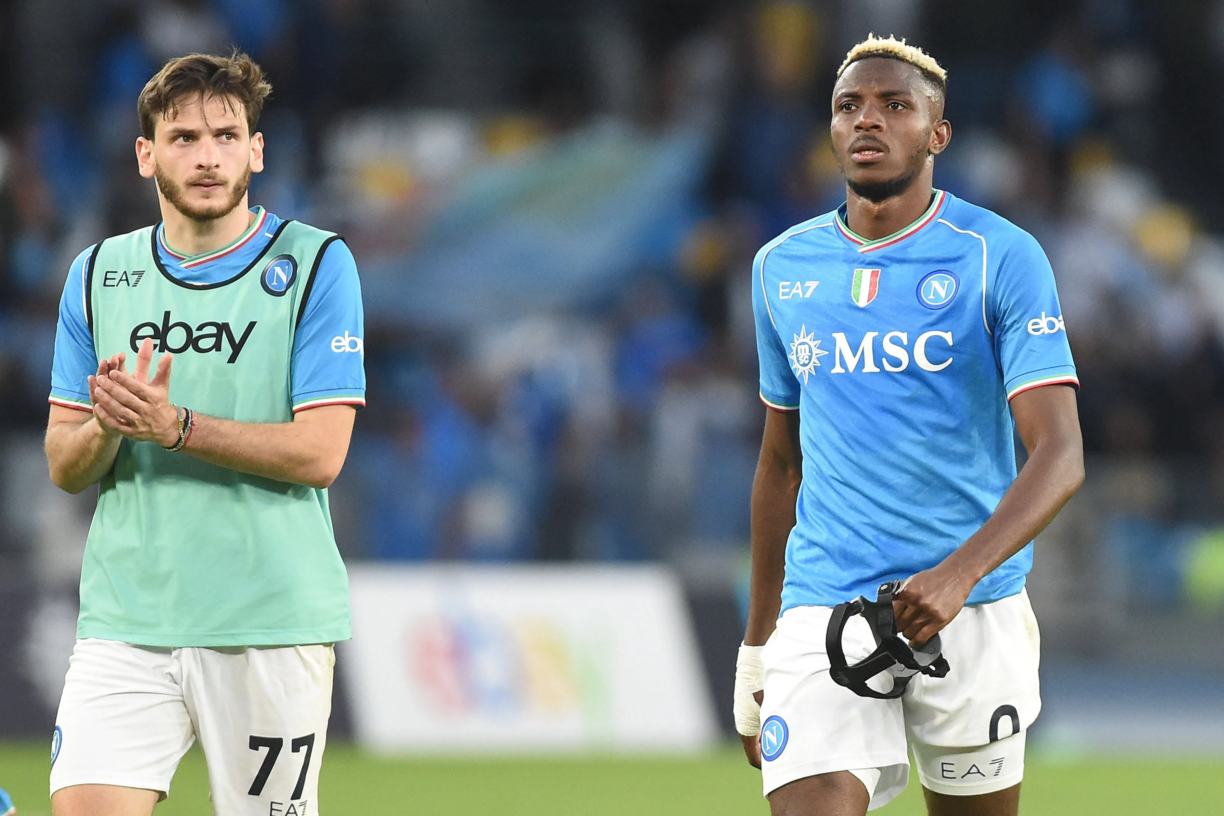 Khvicha Kvaratskhelia and Victor Osimhen of SSC Napoli applauds fans at the end of the Serie A match between SSC Napoli and AS Roma at Stadio Diego Armando Maradona Naples Italy on 28 April 2024. 