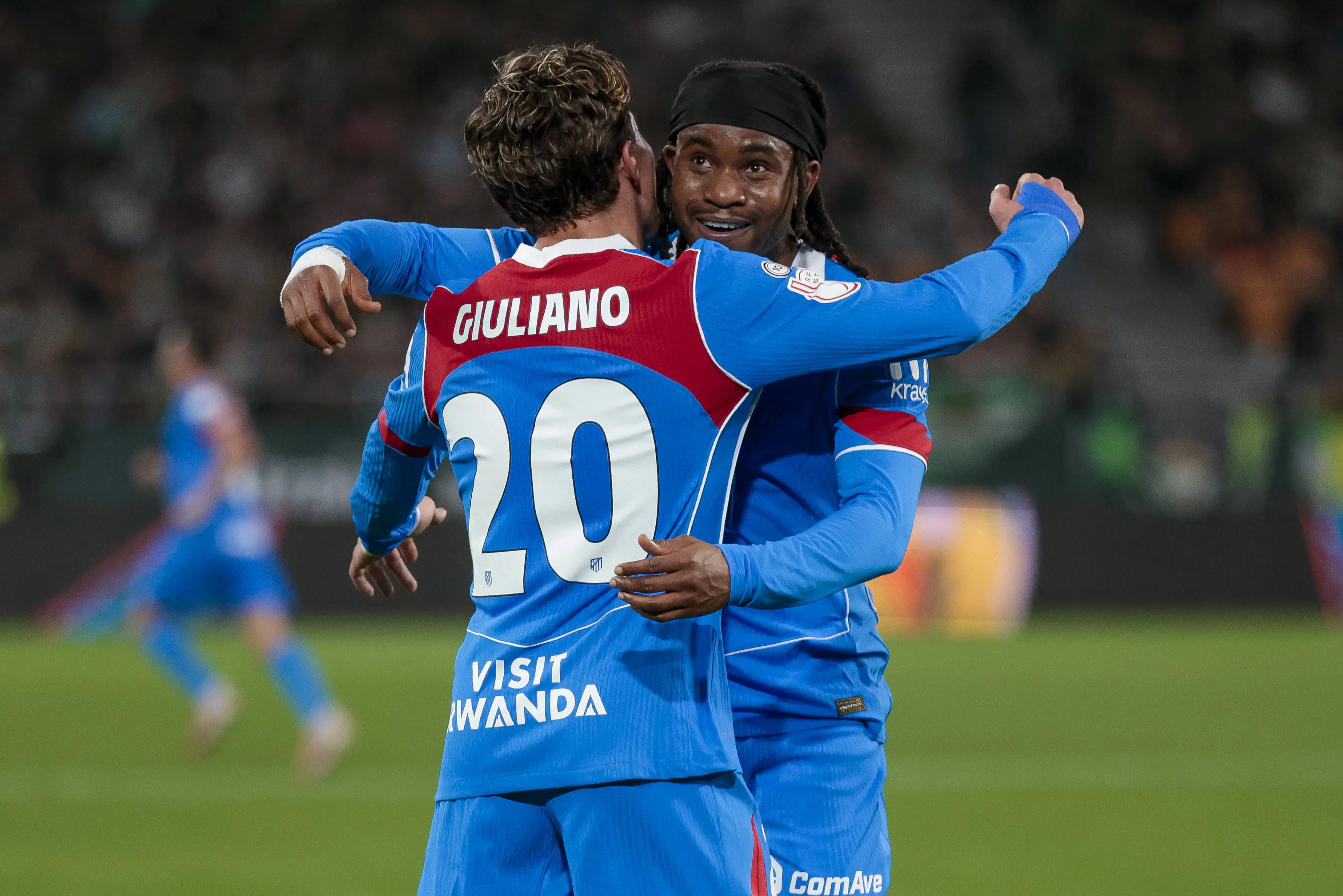 Ademola Lookman of Atletico de Madrid celebrates a goal with Giulianio Simeone