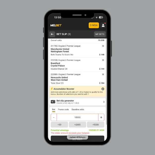 Melbet Nigeria bet slip with a 3-selection Premier League accumulator with overall odds of 10.058 and potential winnings of ₦100,580