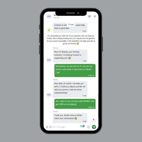 Paripesa customer support agent Mandy answering questions about Paripesa promo code.