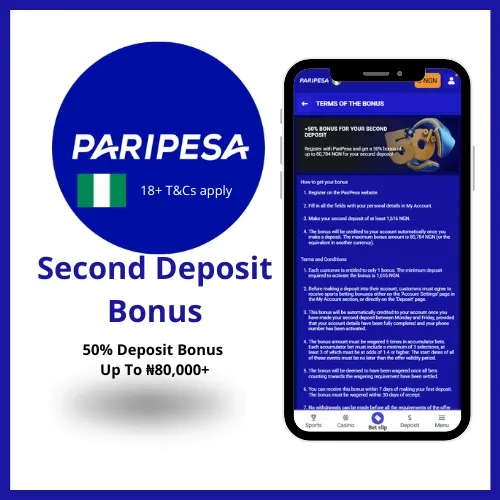 Paripesa second deposit bonus of 50% incrase up to ₦80,000+ for World Cup betting.