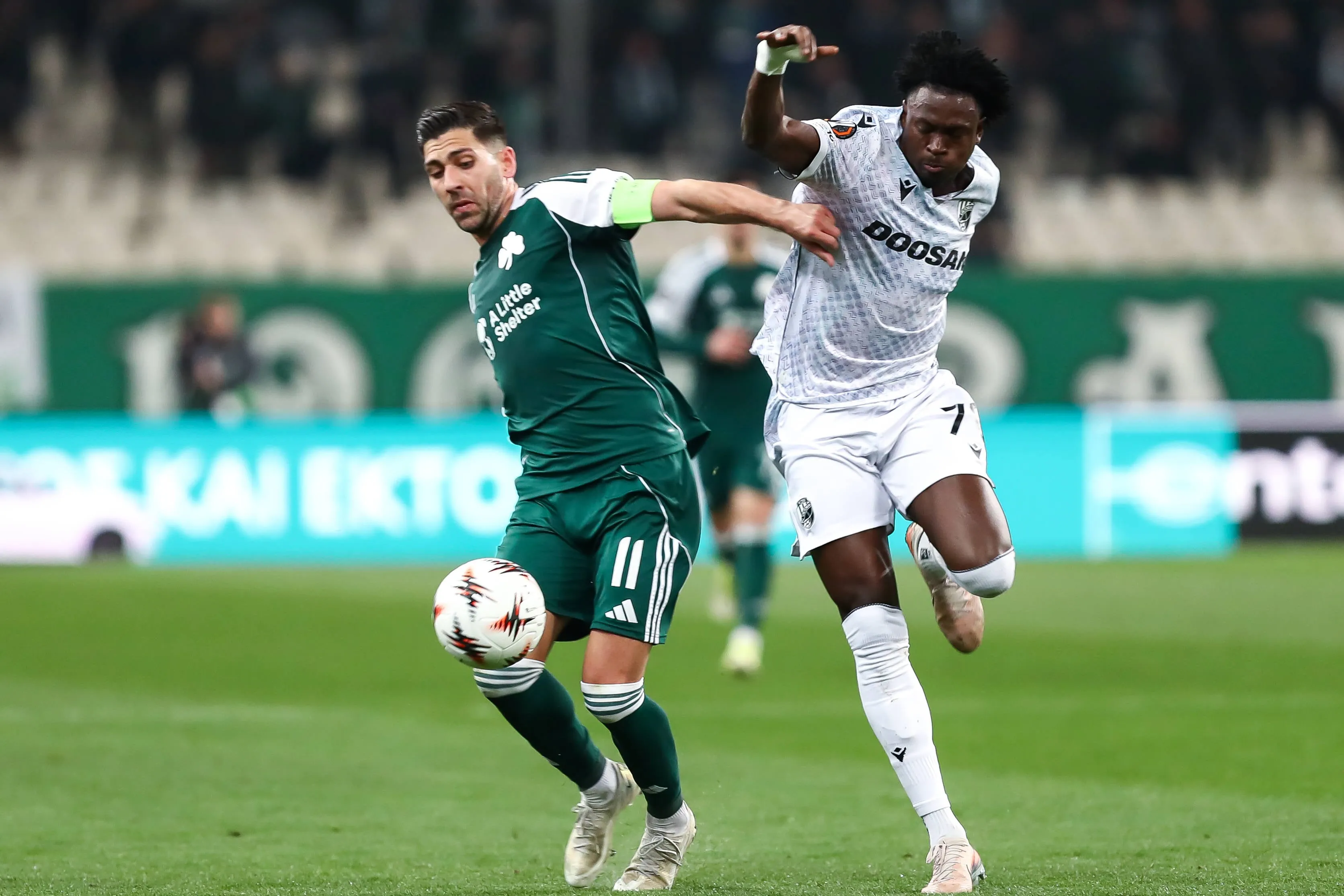 Salim Fago Lawal plays during the UEFA Europa League play-offs between Panathinaikos and Viktoria Plzen at Oaka Stadium in Athens, Greece
