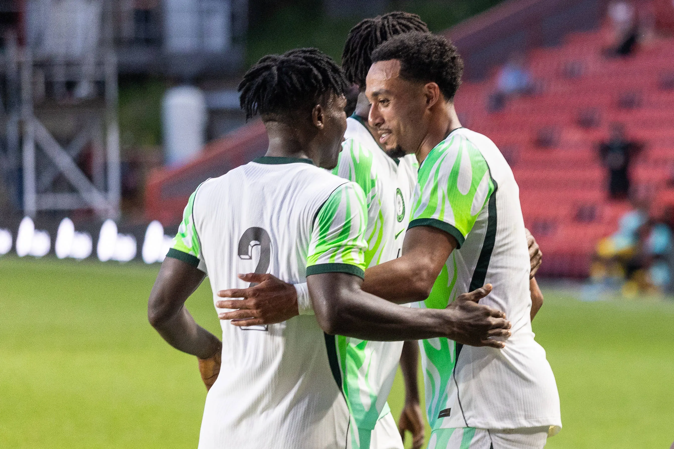 Nigeria forward Femi Azeez celebrates with teammates after scoring a goal during the Unity Cup