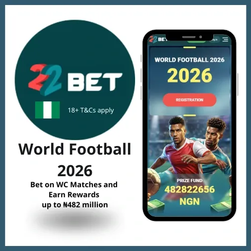 22Bet promotion World Tour 2026 where players can earn up to ₦482 million in rewards for betting on World Cup matches.