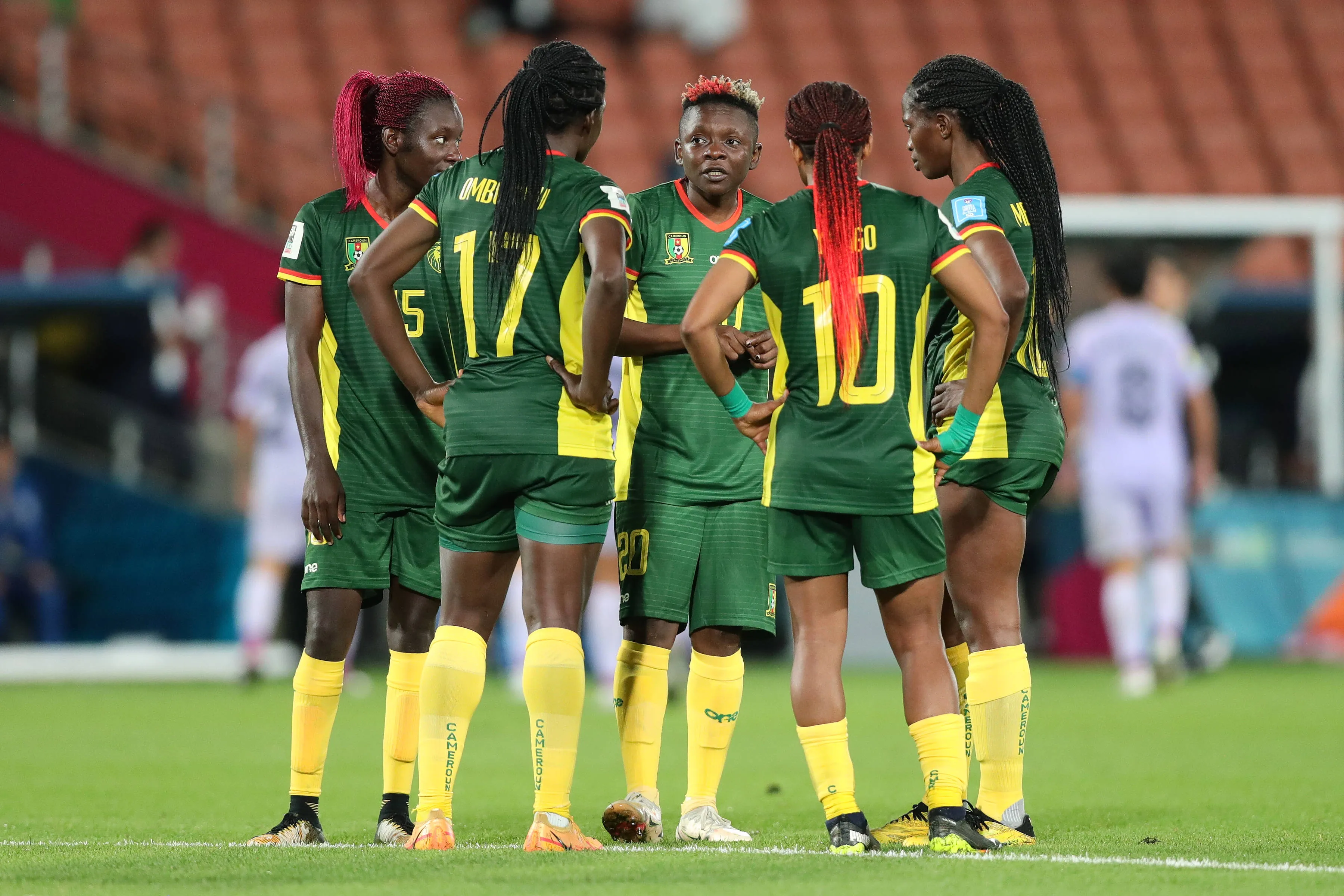FIFA Womens World Cup Play Off Tournament match between Thailand and Cameroon Genevieve Ngo Mbeleck of Cameroon talks to the team during the FIFA Women s World Cup Play Off Tournament match between Thailand and Cameroon at Waikato Stadium in Hamilton, New Zealand on Saturday February 18, 2023. Hamilton Waikato Stadium Waikato New Zealand 