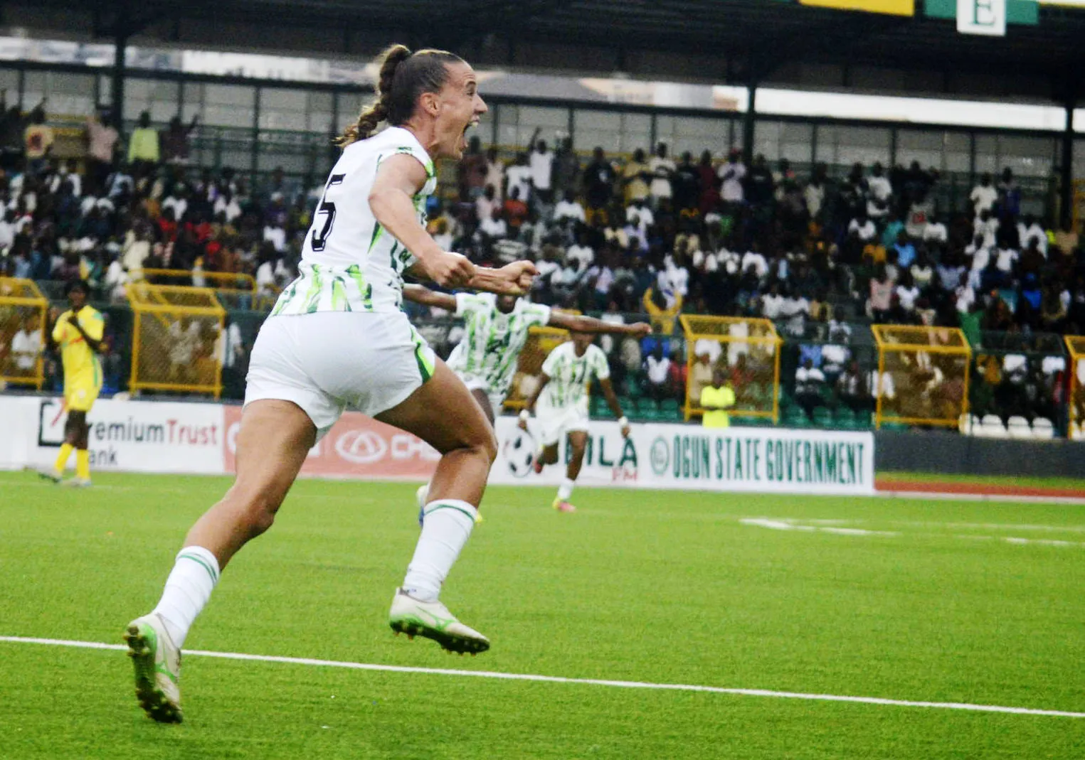 Ashleigh Megan Plumptre celebrates her maiden goal for Nigeria's Super Falcons qualify for the Women Africa Cup of Nations WAFCON 2026 after playing a 1-1 draw 3-1 aggregate with Benin Republic's Amazons in the second leg of the WAFCON 2026 qualifying match at MKO Abiola Sports Arena in Abeokuta, 