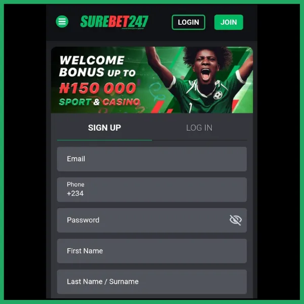 Surebet247 registration form