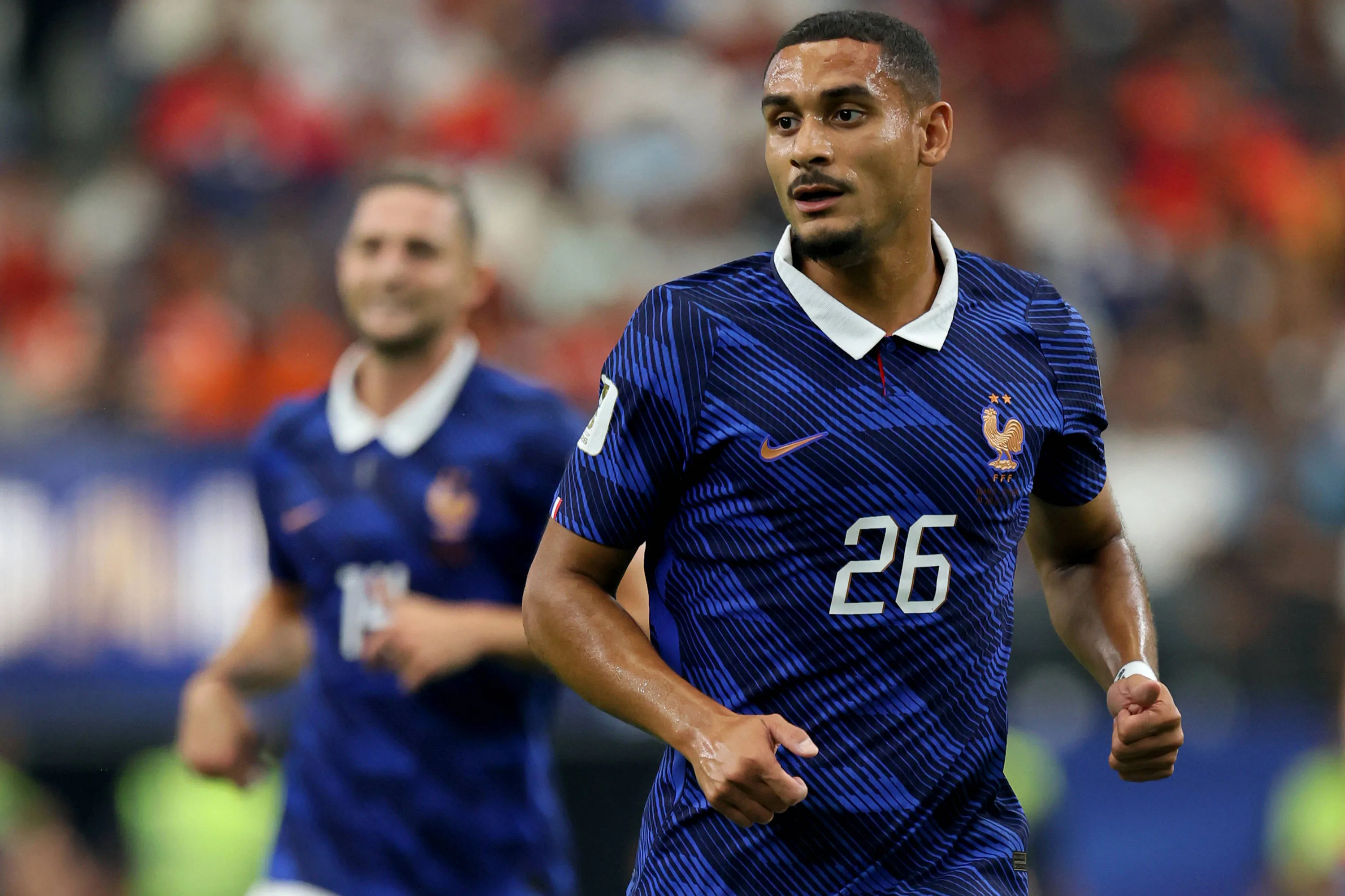 Maxence Lacroix of France running during the FIFA World Cup 2026 Semi Final match between France and Spain at Dallas Stadium on July 14, 2026 in Arlington, United States. Arlington Dallas Stadium TX United States