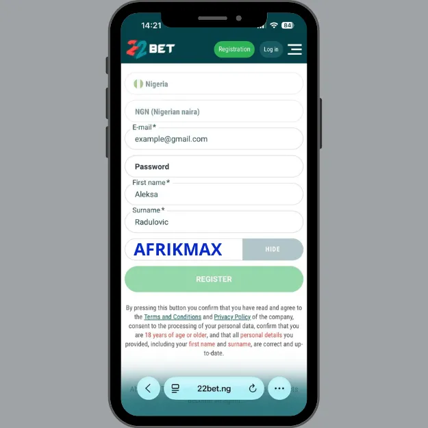 22Bet registration form with promo code AFRIKMAX entered to activate the welcome bonus for Nigerian players