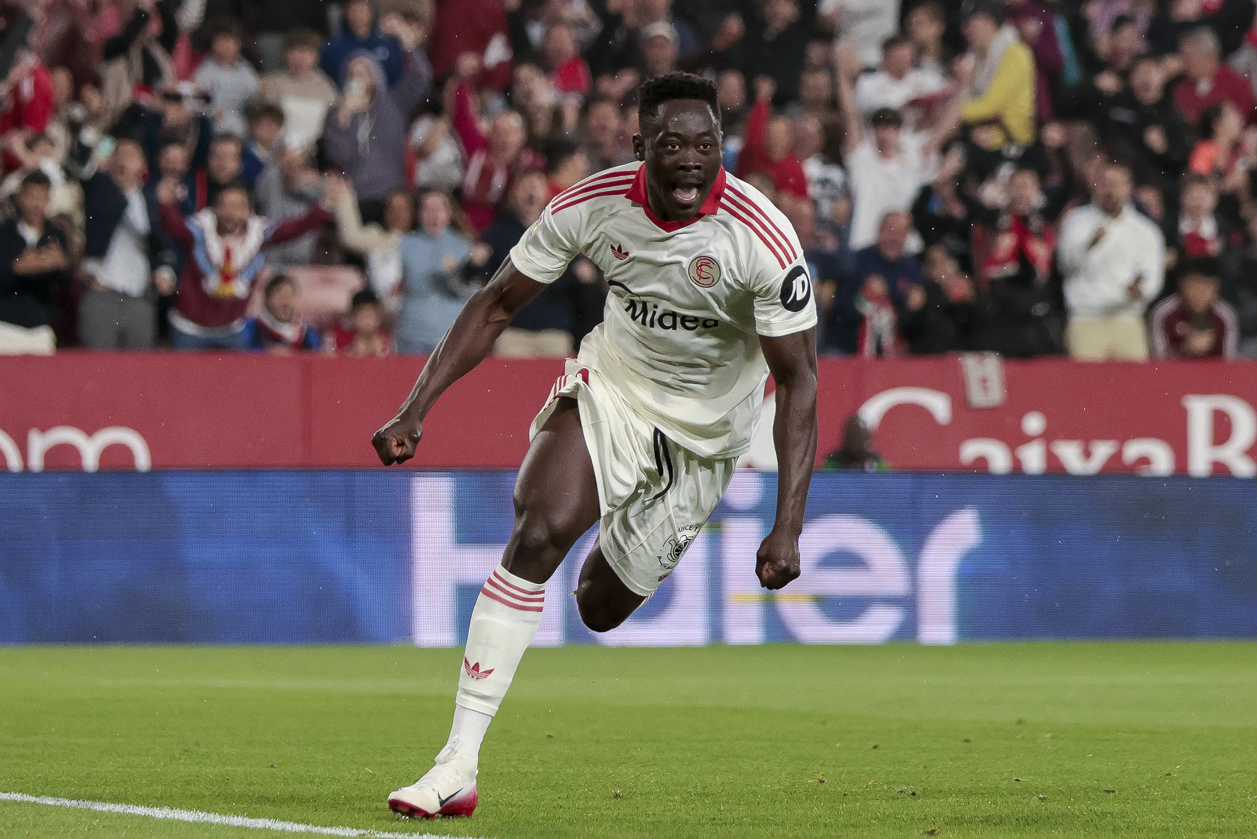 Akor Adams of Sevilla FC celebrates a goal