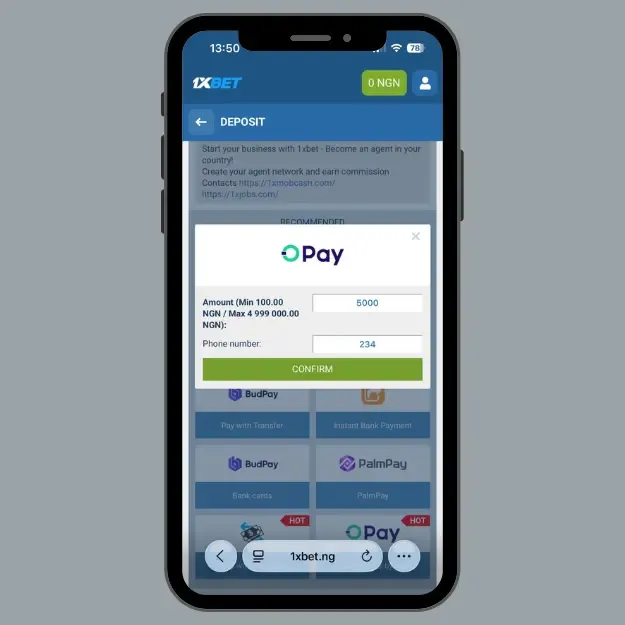 1xBet deposit page on mobile showing payment options and amount entry in Nigeria