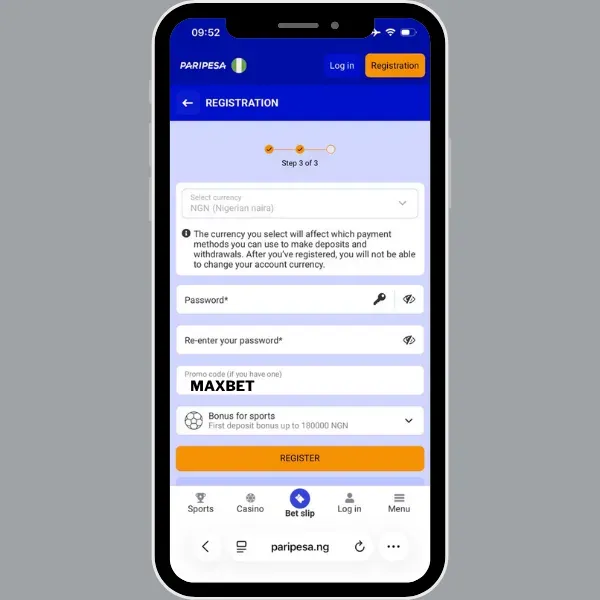 Paripesa promo code MAXBET entered in the promo code field during registration. 