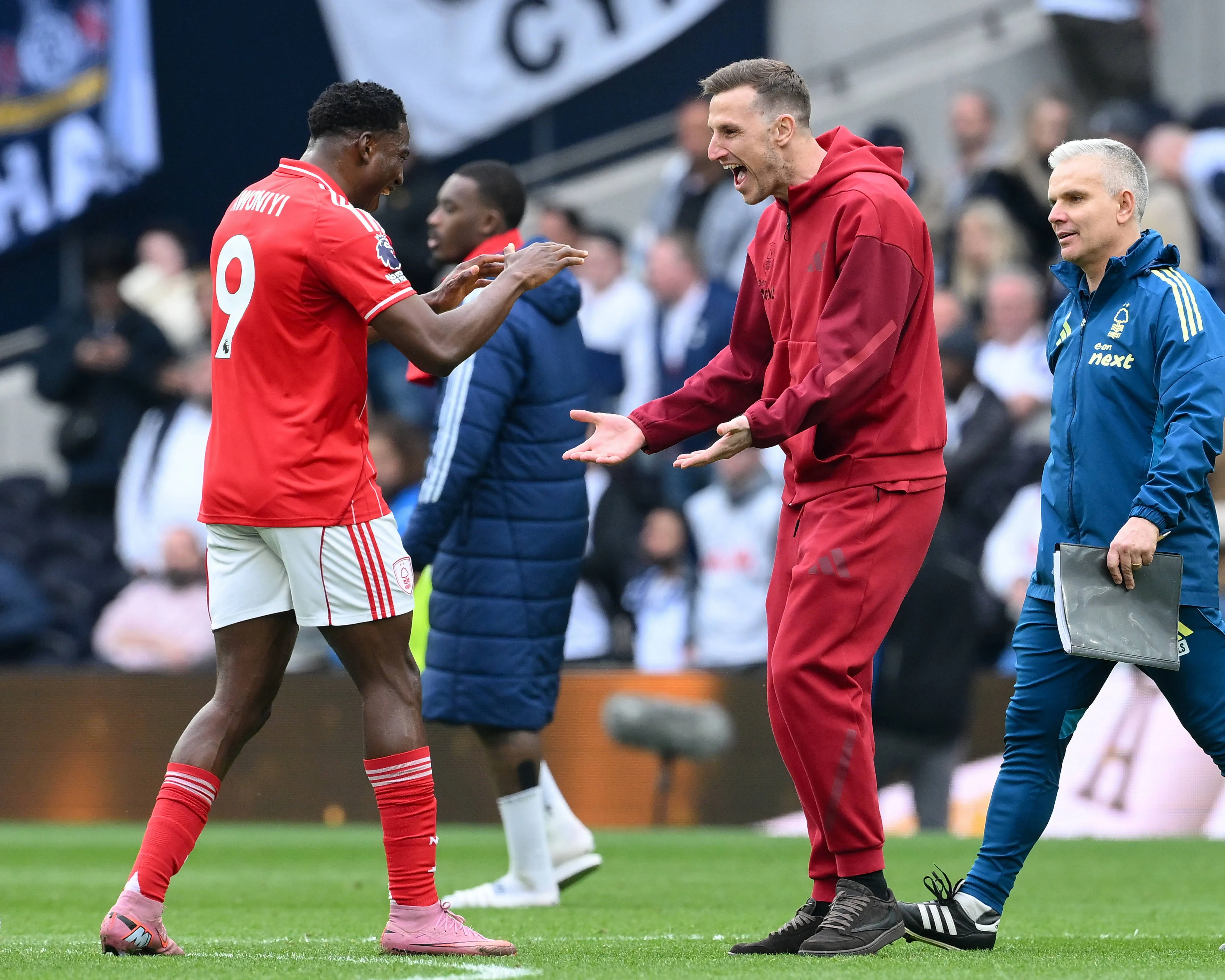 Chris Wood of Nottingham Forest celebrates victory with Taiwo Awoniyi of Nottingham Forest during the Premier League match between Tottenham Hotspur and Nottingham Forest at the Tottenham Hotspur Stadium in London on March 22, 2026.