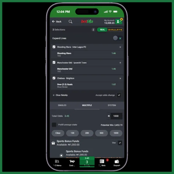 Bet9ja sports bonus wagering example with three selections from the NPFL and EPL