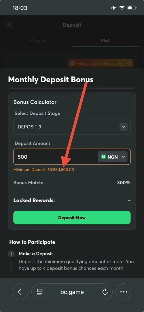 BC Game Bonus Calculator showing Minimum Deposit amount for Deposit 3