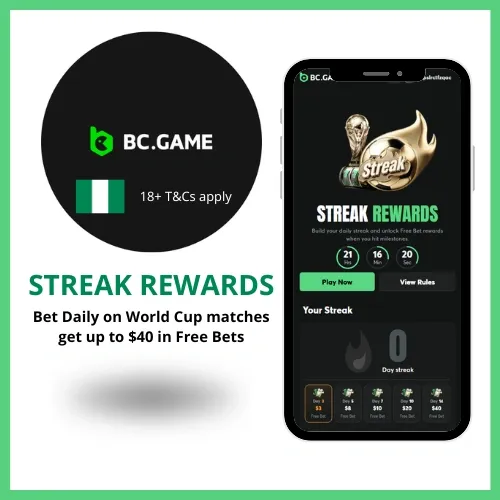 BC.Game Streak Rewards promo where bettors bet free bets when day place bets everyday on World Cup matches.