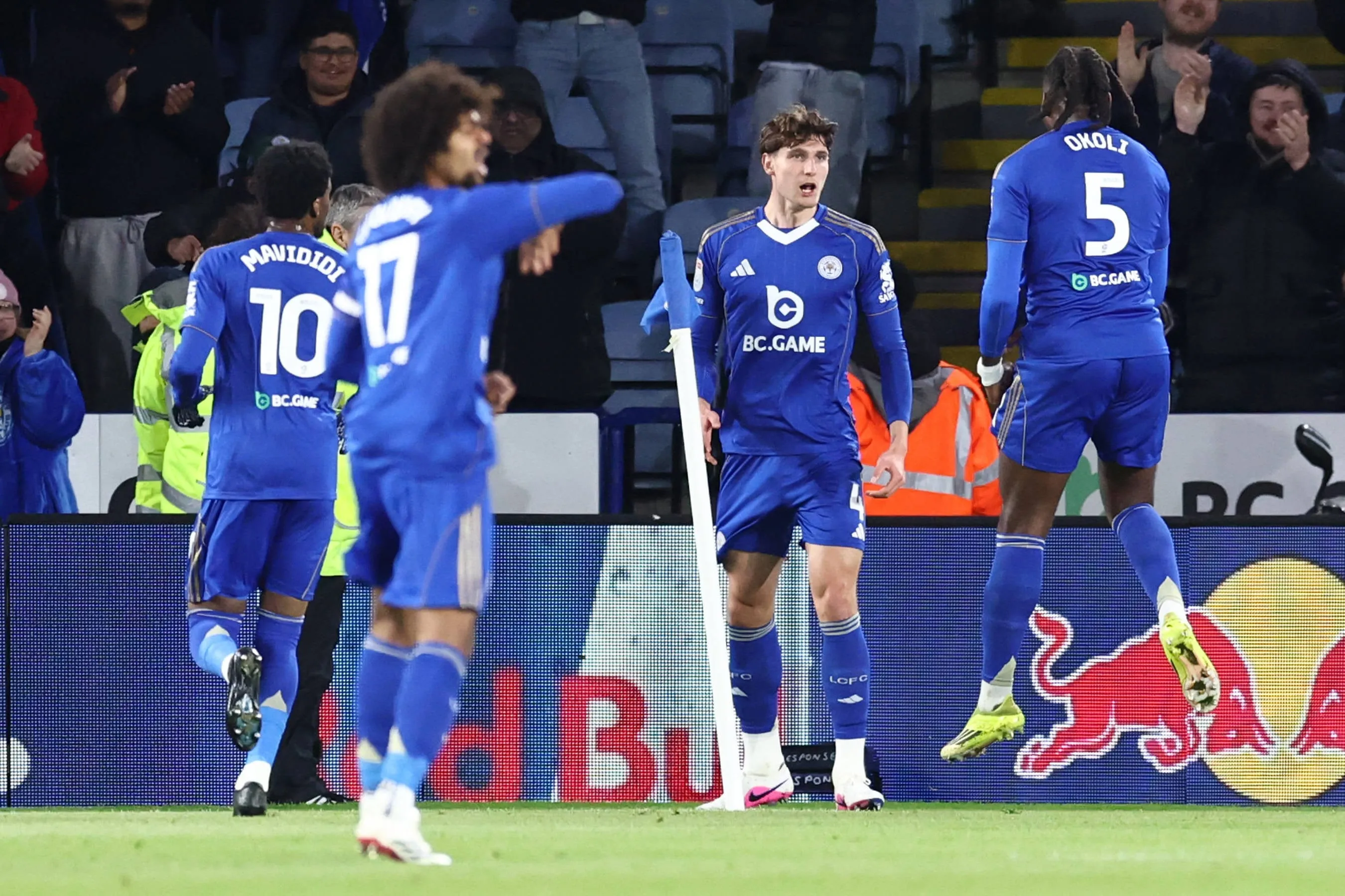 Super Eagles target Caleb Okoli celebrates with Leicester City teammates 
