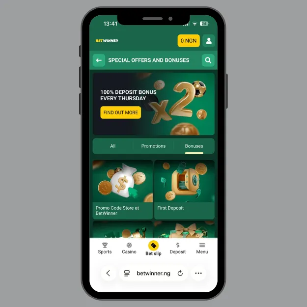 BetWinner bonuses section displaying deposit bonus promotion and other special offers