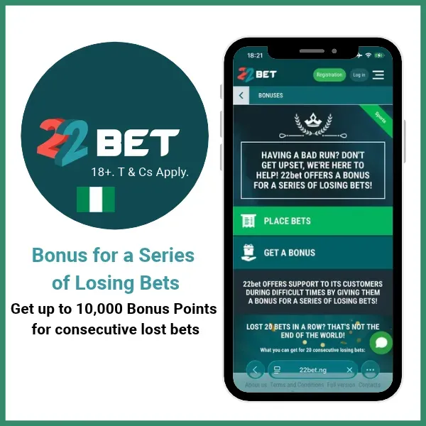 22Bet bonus for a series of losing bets