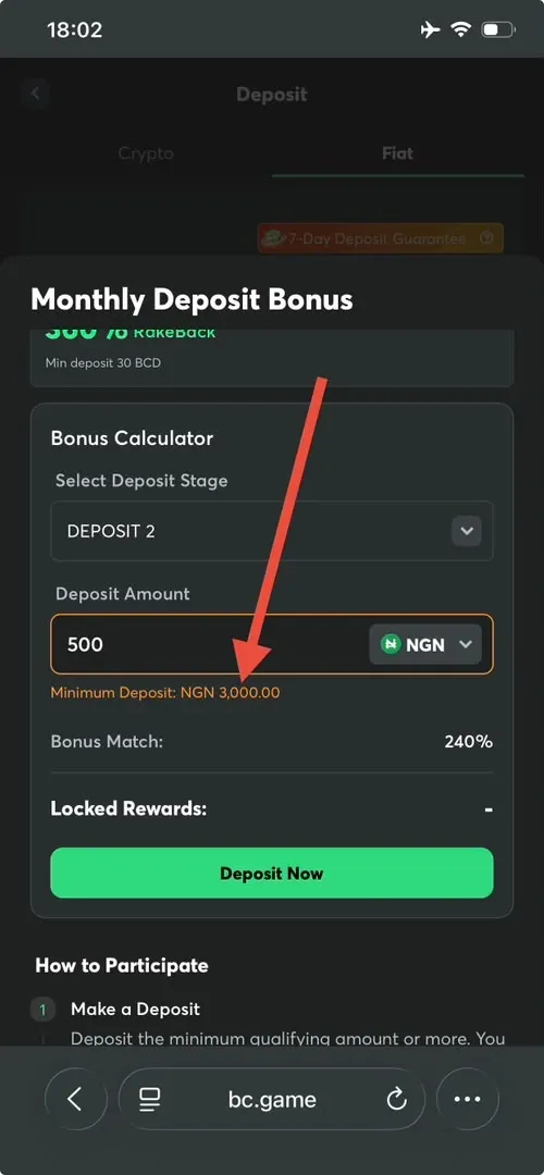 BC Game Bonus Calculator showing Minimum Deposit amount for Deposit 2