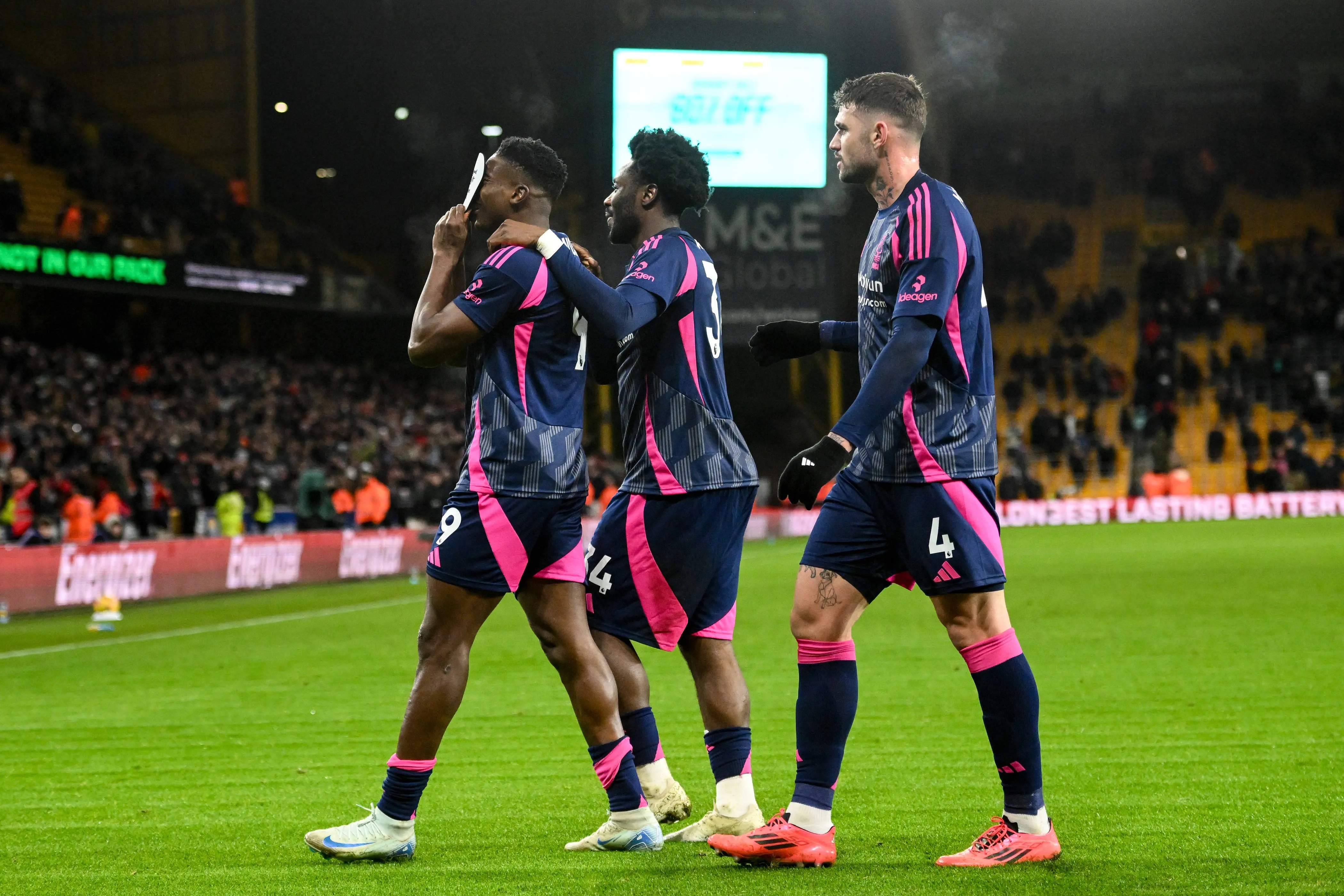 Ola Aina and Taiwo Awoniyi celebrates Nottingham Forest goal.