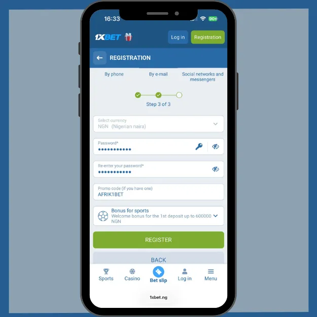 1xbet promo code placement in the registration form. 