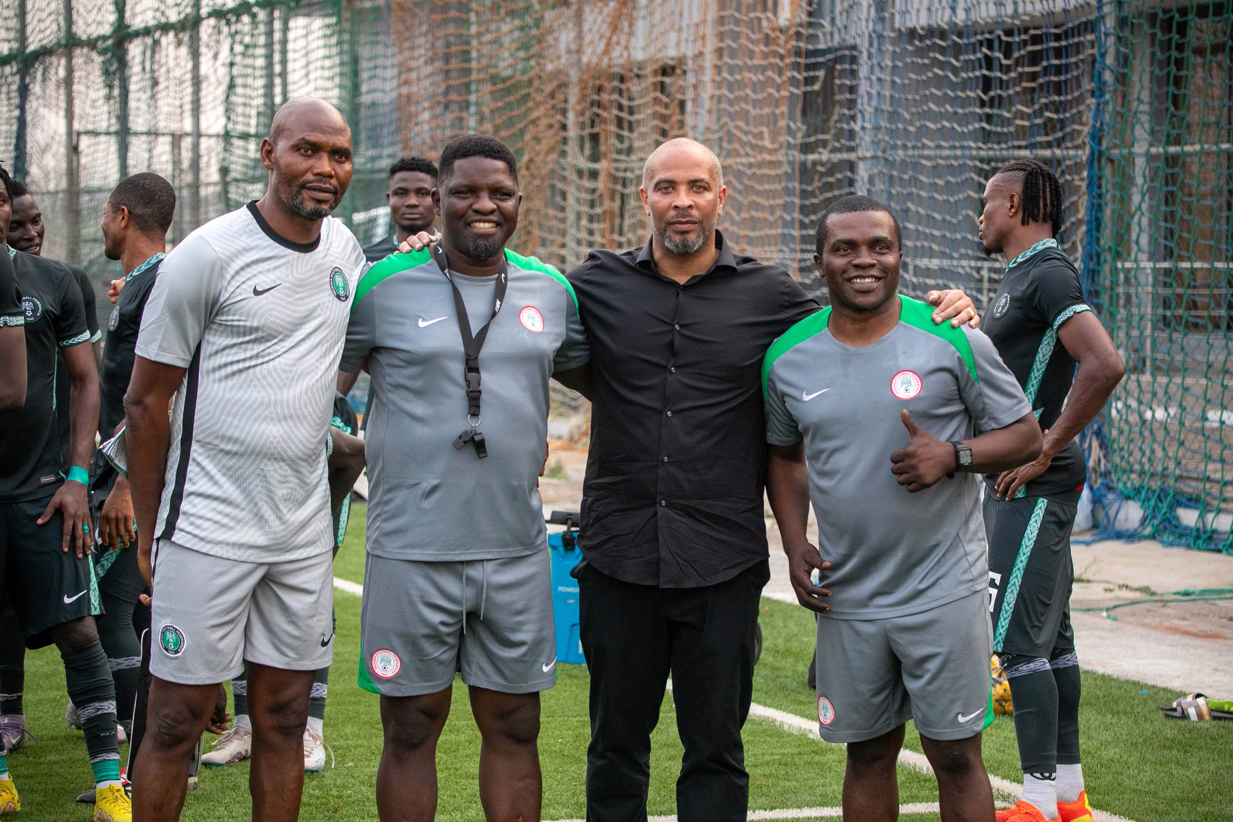 Super Eagles coaches Daniel Ogunmodede, Eric Chelle and Fidelis Ikechukwu