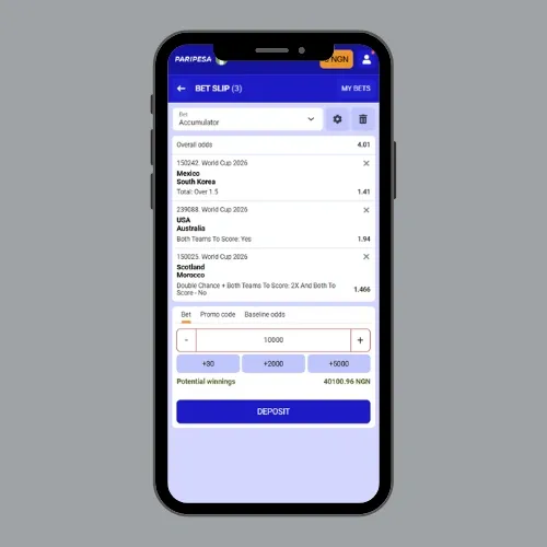 Paripesa bet slip with World Cup mathces over 1.40 odds and combined odds of 4.01