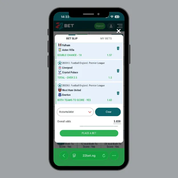 22Bet accumulator bet slip with Premier League selections used to meet the 5x wagering requirements for the welcome bonus