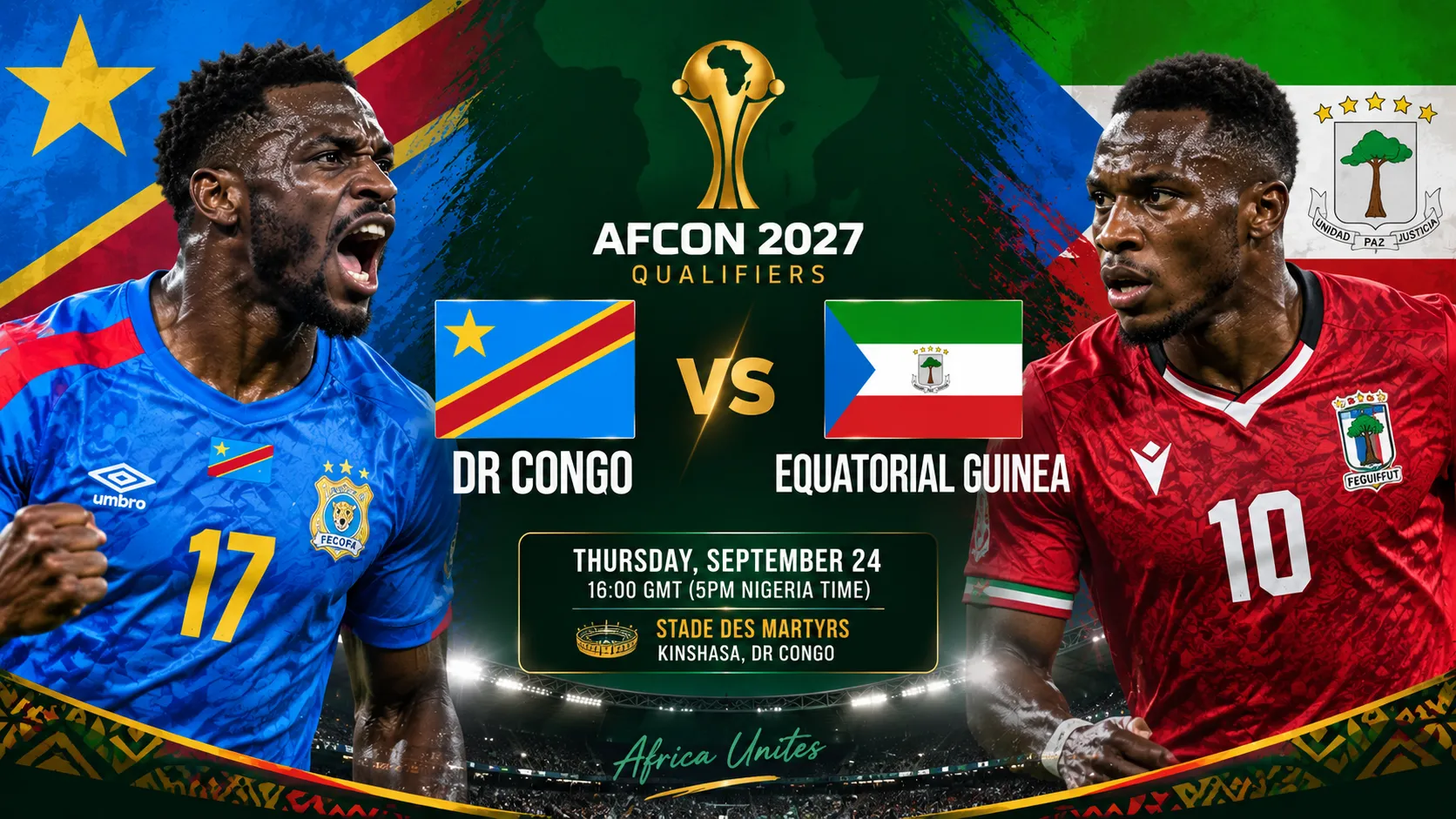 AFCON 2027 qualifiers: DR Congo vs Equatorial Guinea.