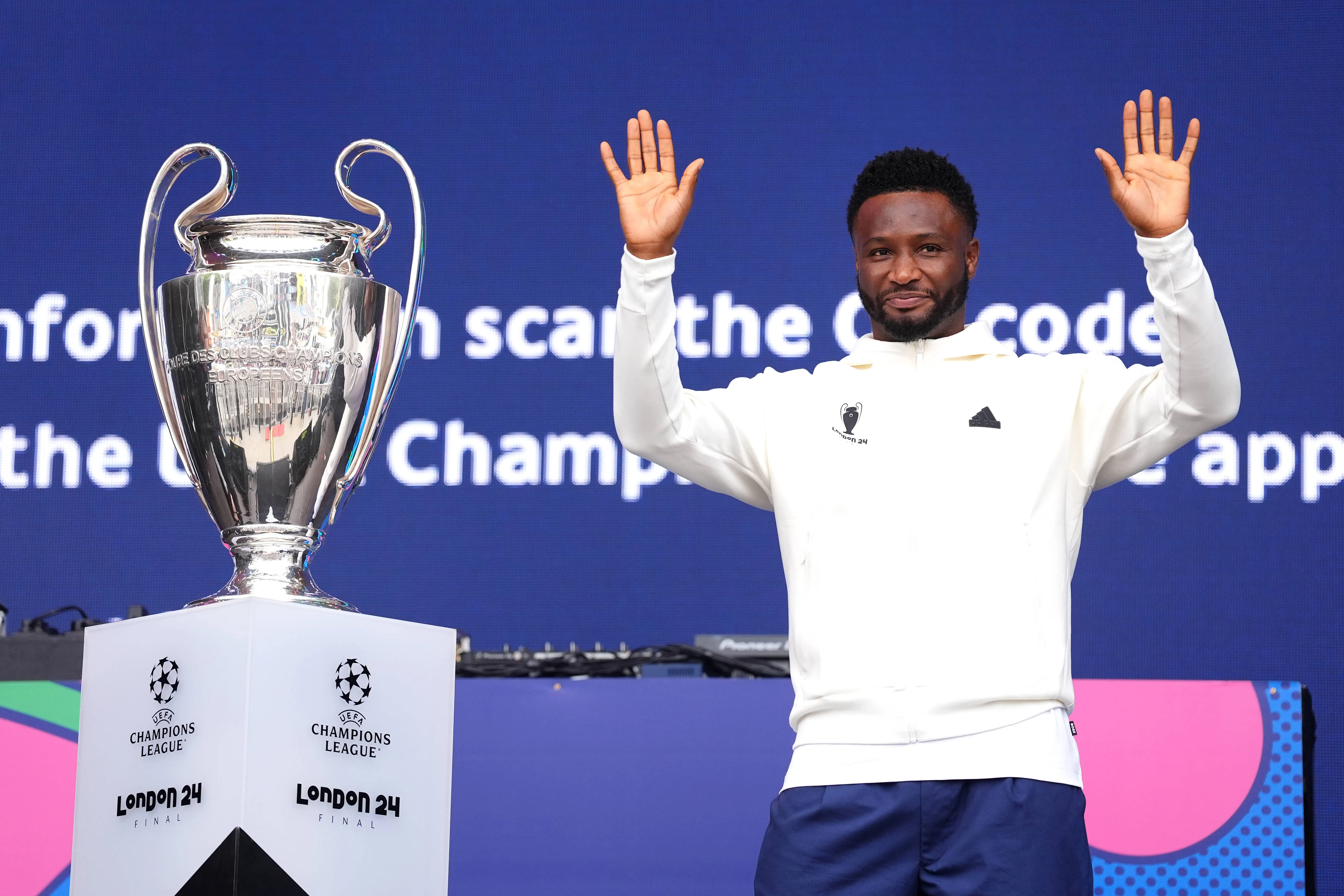 UEFA ambassador Mikel John Obi with the UEFA Champions League trophy during an opening ceremony at Trafalgar Square on day one of the UEFA Champions League Festival in London.