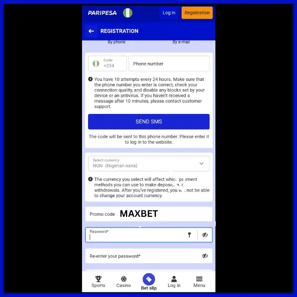 Paripesa registration form with MAXBET entered in the promo code box to activate the welcome bonus.