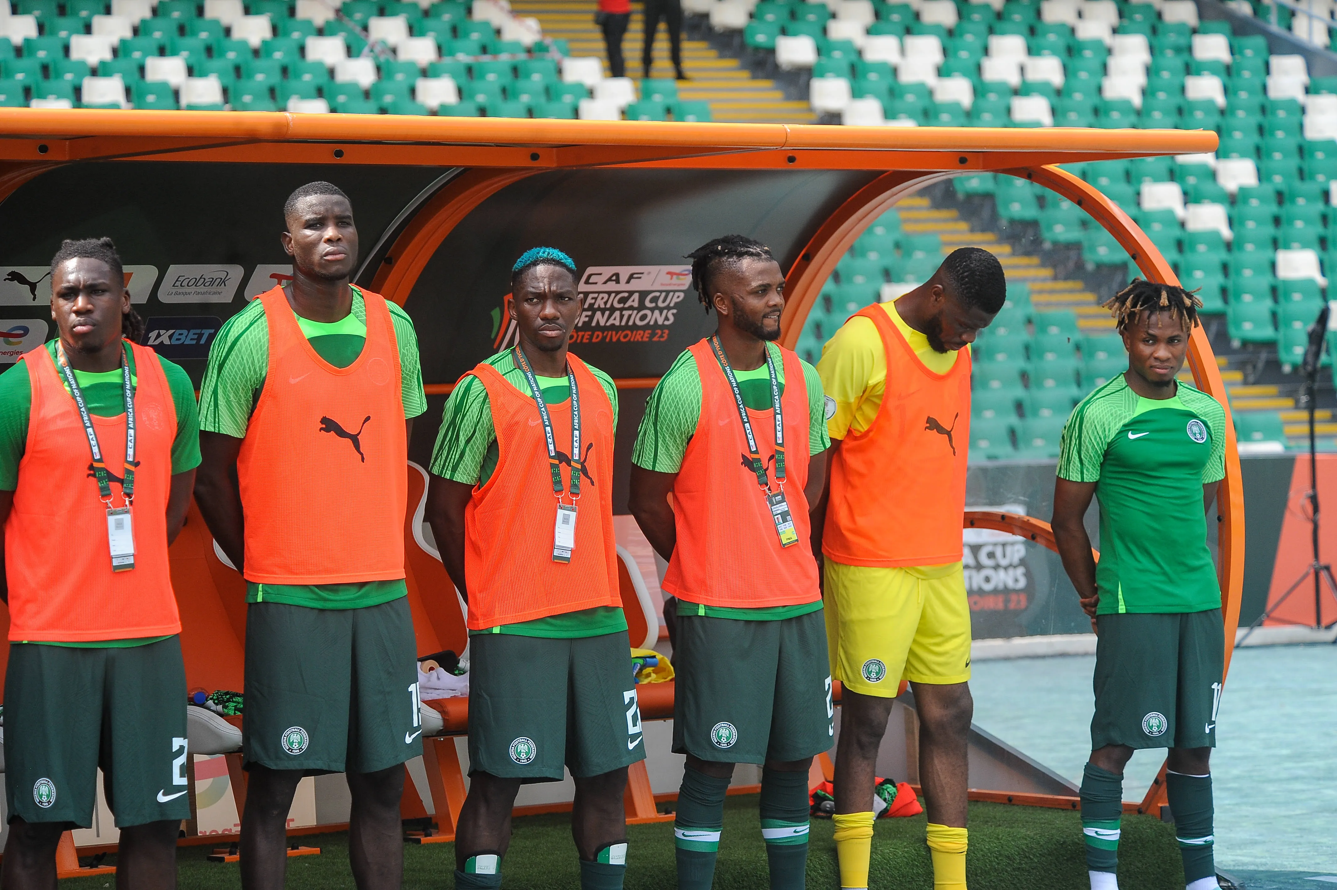 Super Eagles stars Calvin Bassey, Paul Onuachu, Kenneth Omeruo, Chidozie Awaziem, Francis Uzoho and Samuel Chukwueze of Nigeria
