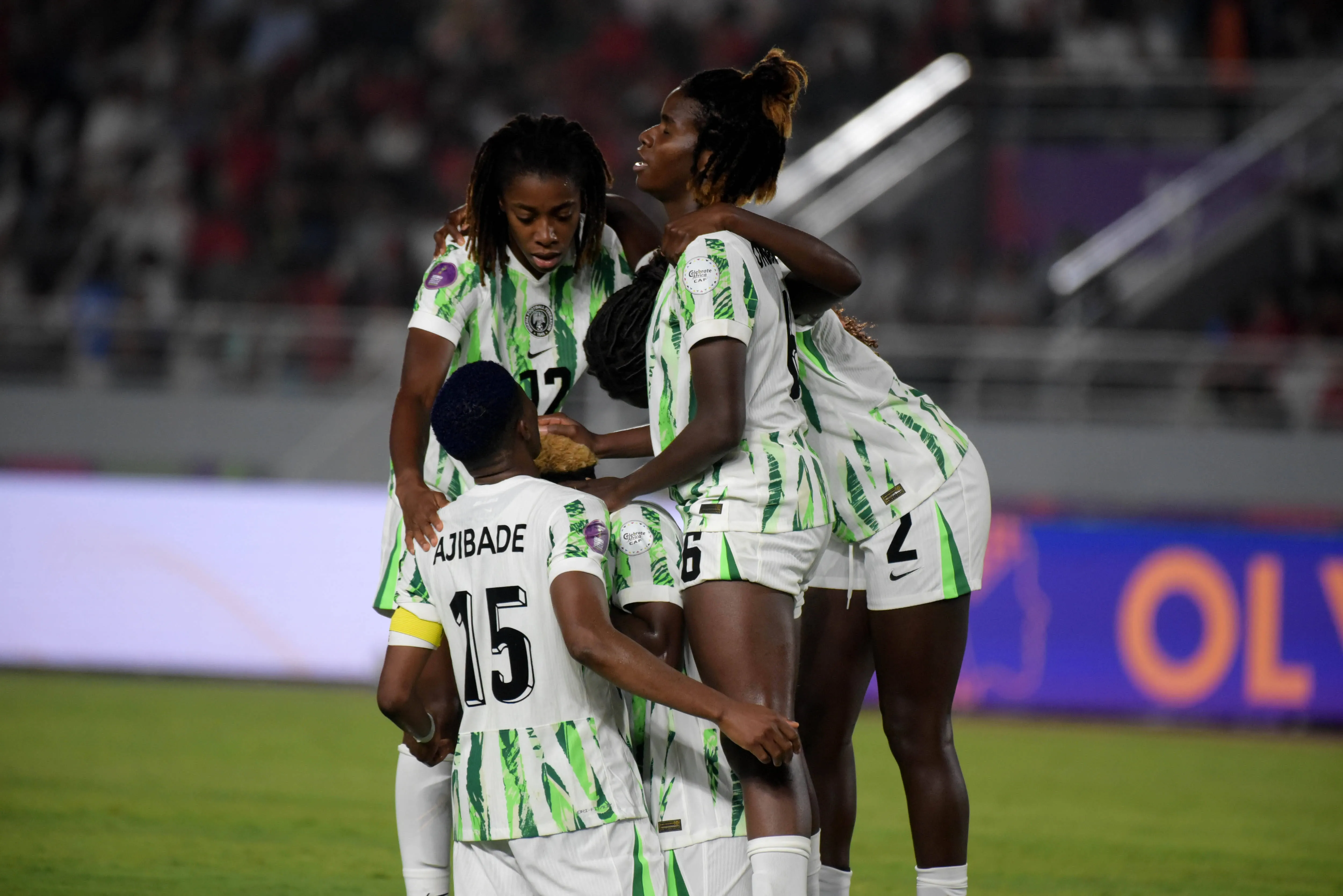 Rasheedat Ajibade, Onyi Echegini, Ijeoma Esther Okoronkwo and Omorinsola Babajide of Nigeria during the 2025 Womens Africa Cup of Nations WAFCON Finals match between Morocco and Nigeria at Stade Olympique de Rabat on July 26, 2025 in Rabat, Morocco.