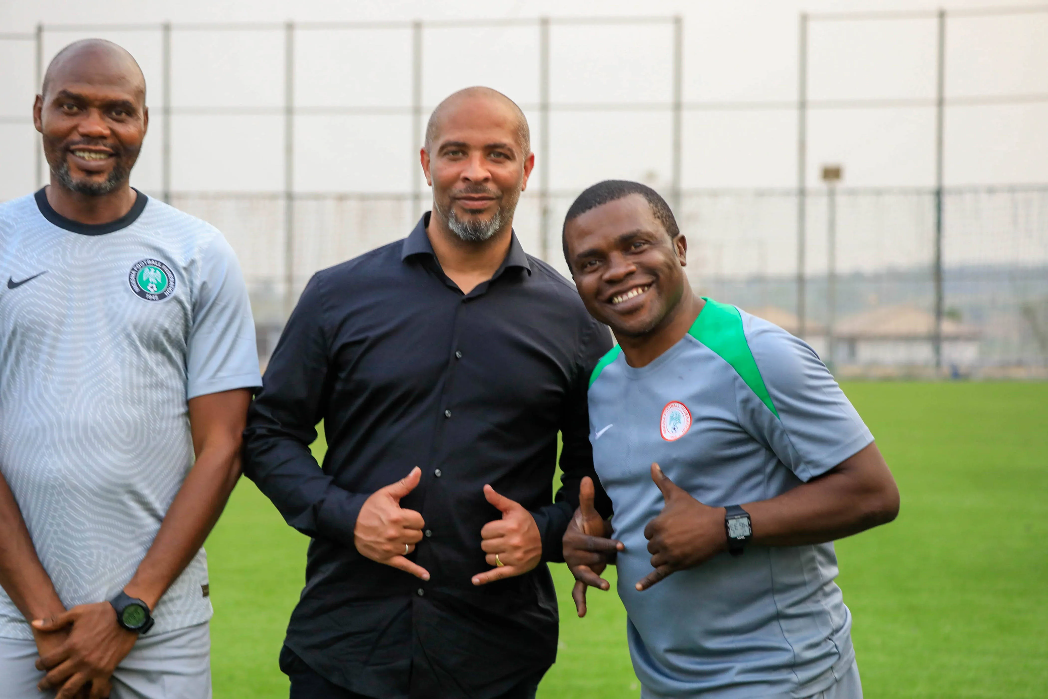 Super Eagles coach Eric Chelle and assistant Fidelis Ikechukwu 