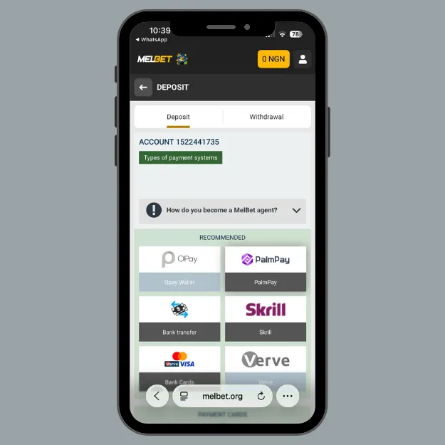Melbet deposit page with options like Opay, Skrill, Verve, PalmPay