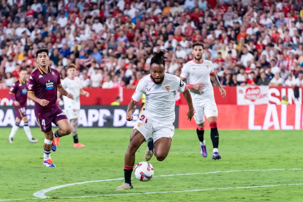 Chidera Ejuke of Sevilla FC seen in action during the La Liga match between Sevilla FC and Real Valladolid
