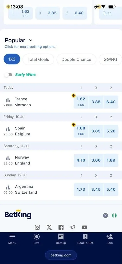BetKing World Cup betting market showing England to win at 1.89 odds for the quarter-final vs Norway.