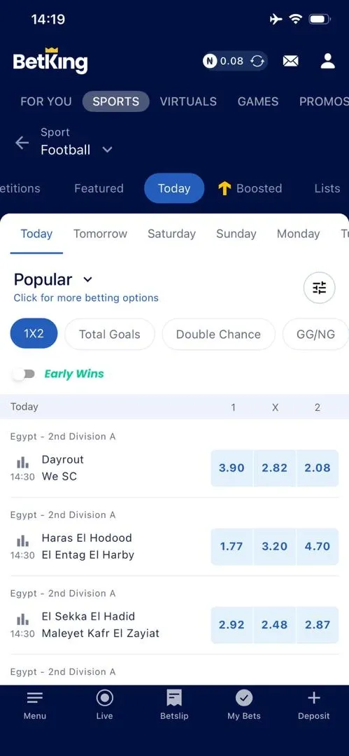 First step in betting on the BetKing App