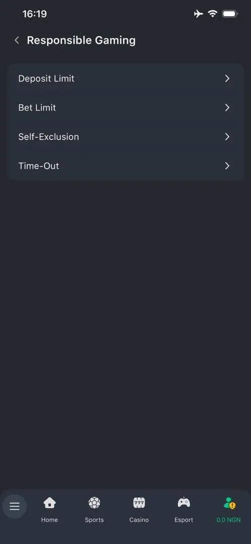 BetJara responsible gambling page showing options for deposit limit, bet limit, self-exclusion and timeout settings.
