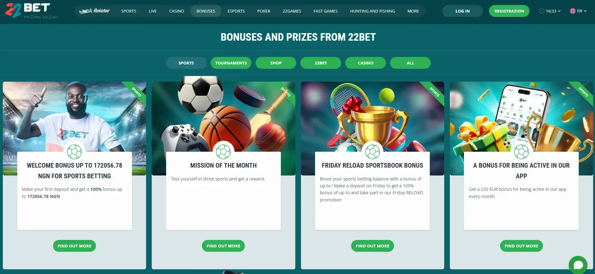 22Bet bonuses page showing welcome bonus for sports betting up to ₦172,000 for Nigerian players and other offers
