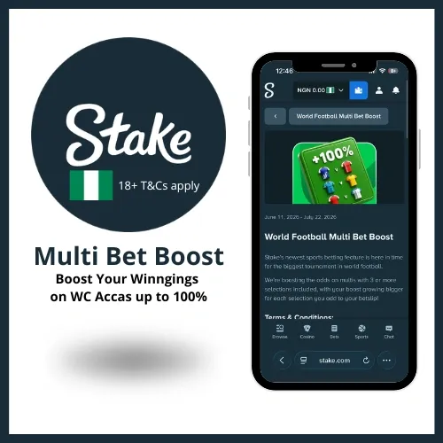 Stake Multi Bet Boost promo where players get up to 100% winnings boost on World Cup accas.