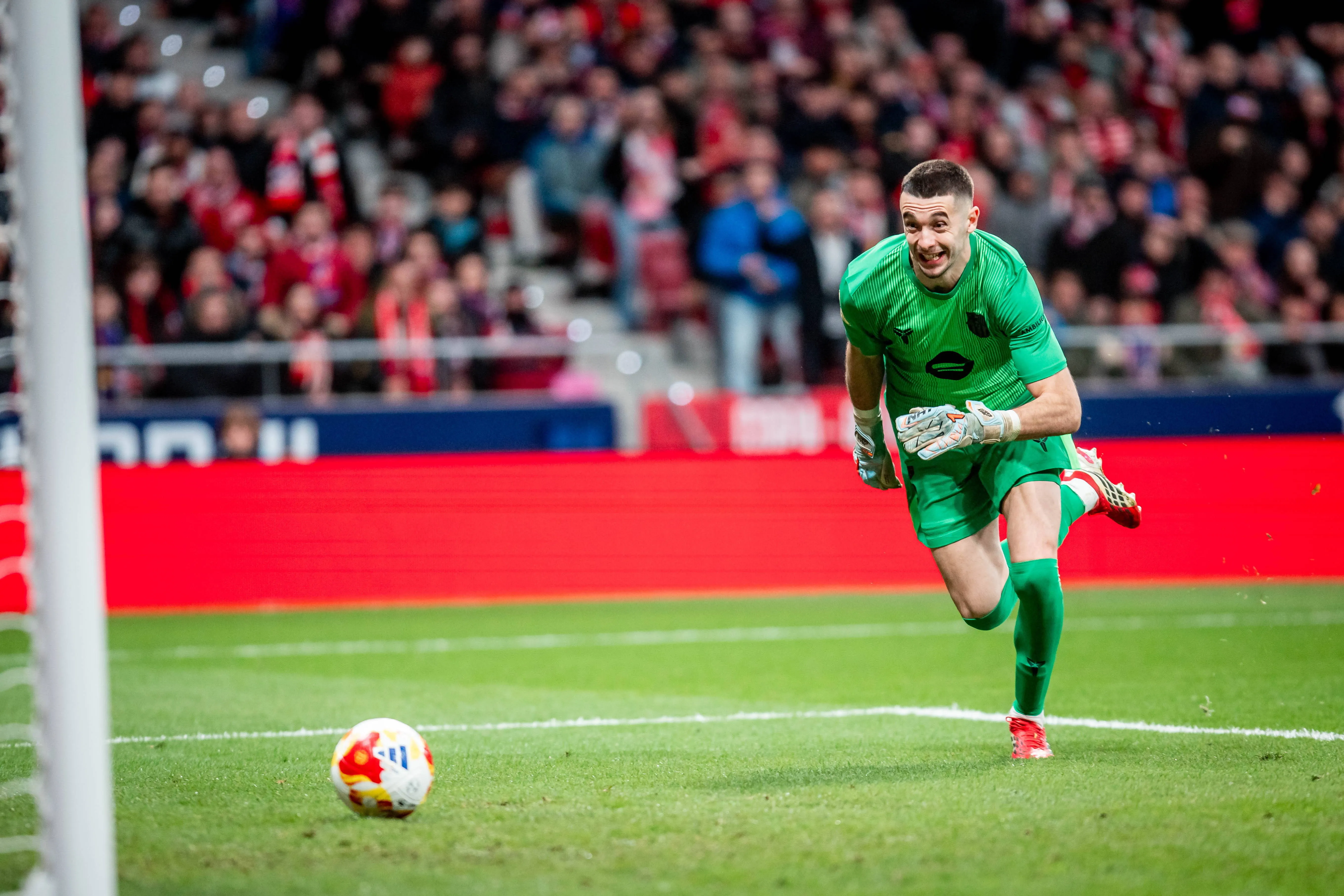 Joan Garcia tries to prevent an own goal