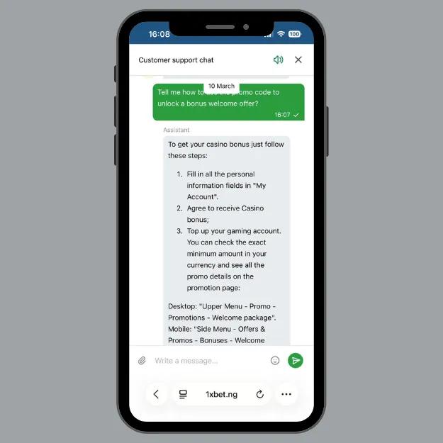 1xbet customer support chat explaining how to get the casino bonus.