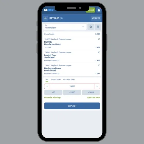 1xbet promo code bonus wagering with an EPL bet slip and 3 matches on it.