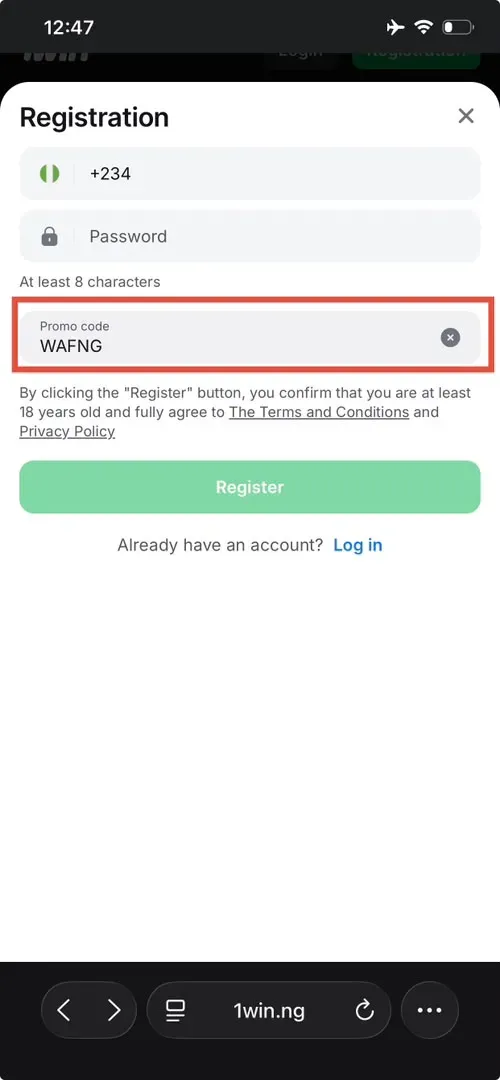 1Win promo code WAFNG entered and highlighted in promo code field.